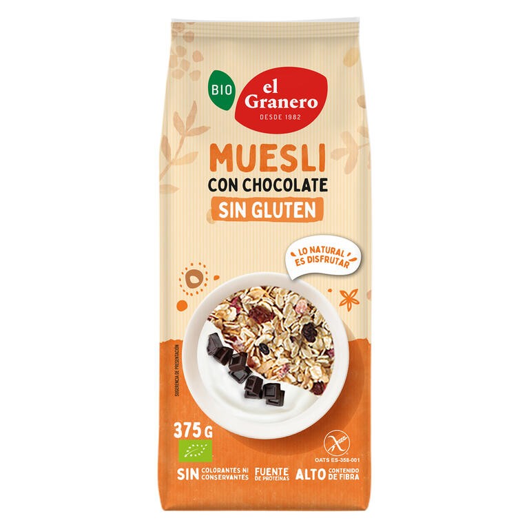 MUESLI CON CHOCOLATE SIN GLUTEN BIO, 375 g EL GRANERO