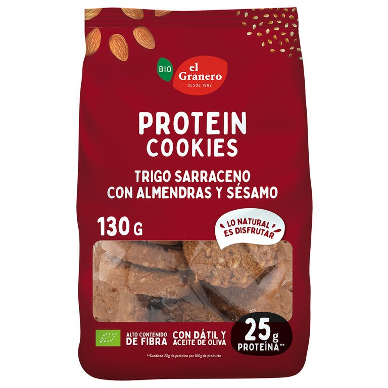 COOKIES PROTEIN ALMENDRA Y SESAMO BIO, 130 g EL GRANERO
