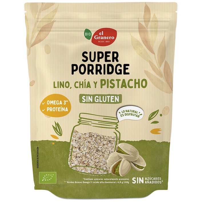 SUPERPORRIDGE SIN GLUTEN PISTACHO BIO, 350 g EL GRANERO