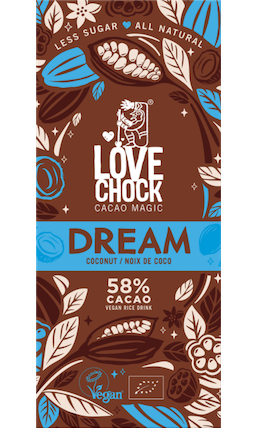 DREAM TABLETA DE CHOCOLATE CON COCO 58% CACAO VEGANO ORGÁNICO 70 GR LOVECHOCK