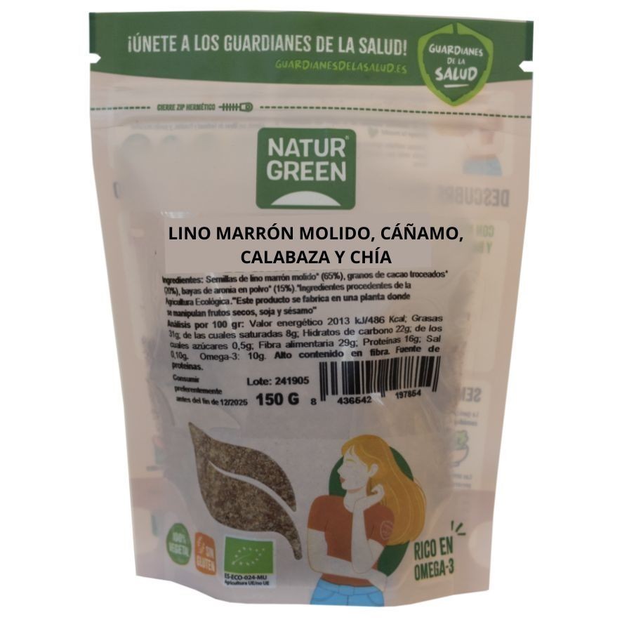 NaturGreen SEMILLAS DE LINO MARRON MOLIDO, CAÑAMO, CALABAZA Y CHIA BIO 150 GR
