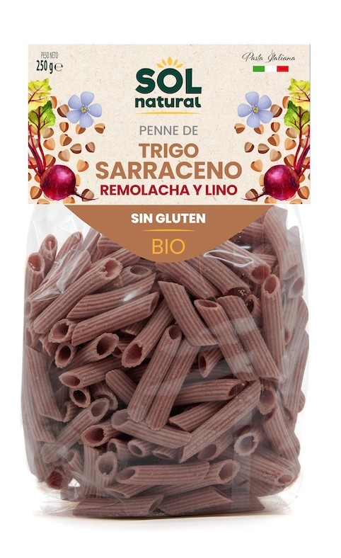 MACARRONES DE TRIGO SARRACENO REMOLACHA Y LINO BIO SIN GLUTEN 250 gr SOLNATURAL
