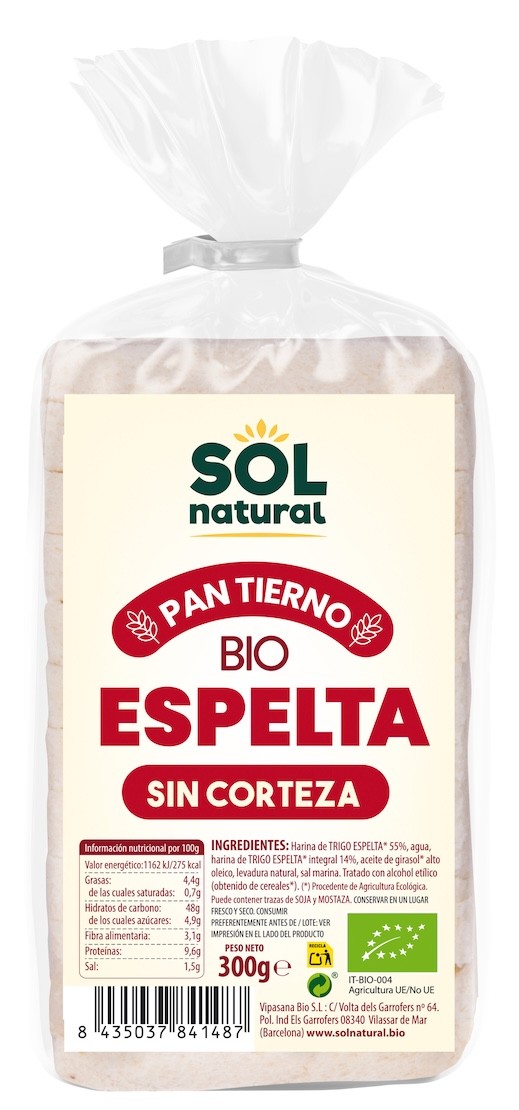 PAN TIERNO SIN CORTEZA DE ESPELTA BIO 300 GR SOLNATURAL 