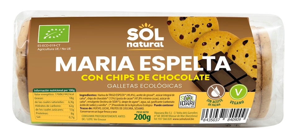 GALLETA MARIAS DE ESPELTA CHIPS CHOCOLATE BIO 200 GR SOLNATURAL