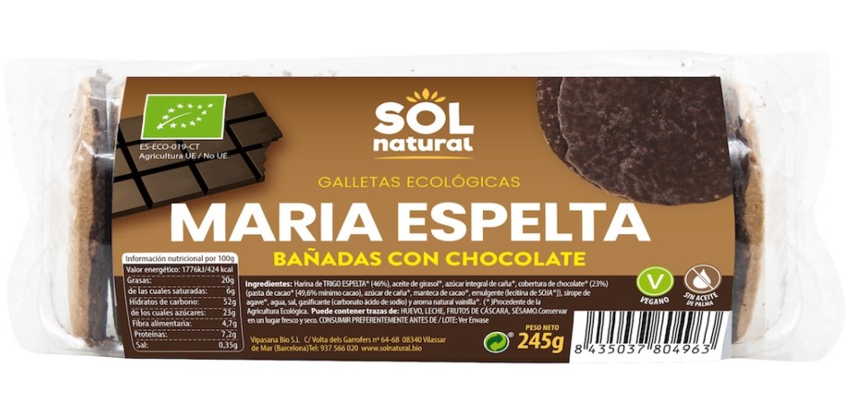 GALLETA MARIAS DE ESPELTA BAÑADAS CHOCOLATE BIO 245 GR SOLNATURAL