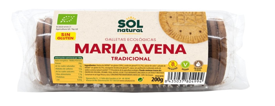 GALLETAS MARIAS AVENA SIN GLUTEN 200G BIO SOLNATURAL