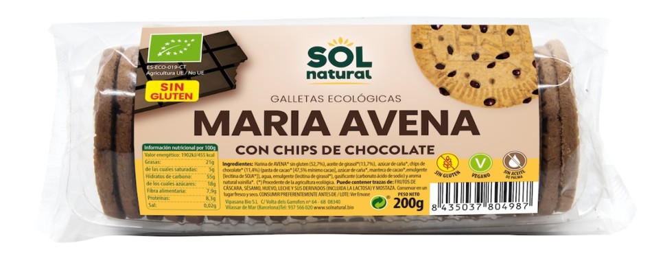 GALLETAS MARIAS AVENA CHIPS CHOCOLATE SIN GLUTEN 200G BIO SOLNATURAL