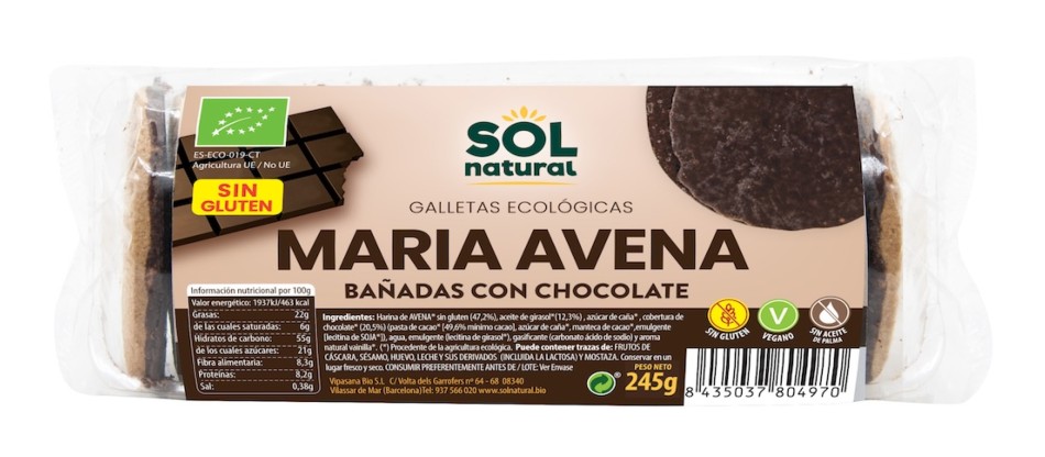 GALLETAS MARIAS AVENA BAÑADAS CHOCOLATE SIN GLUTEN 200G BIO SOLNATURAL