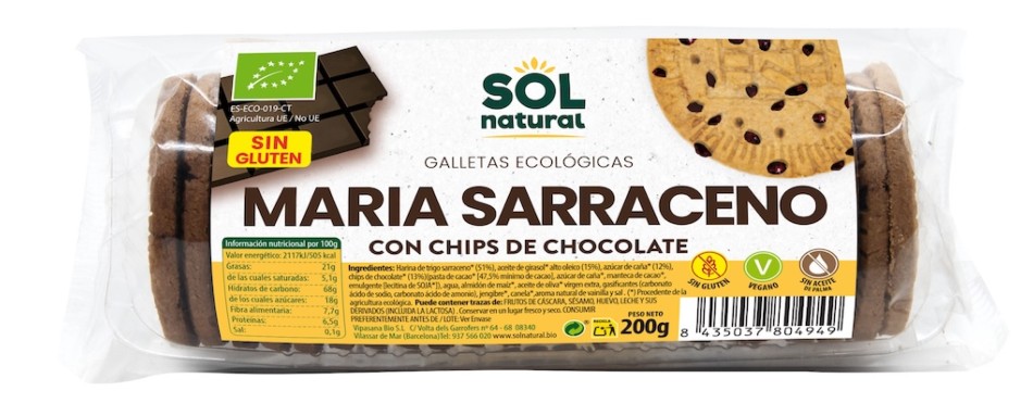 GALLETAS MARIAS TRIGO SARRACENO CHIPS DE CHOCOLATE 200 gr BIO SOLNATURAL