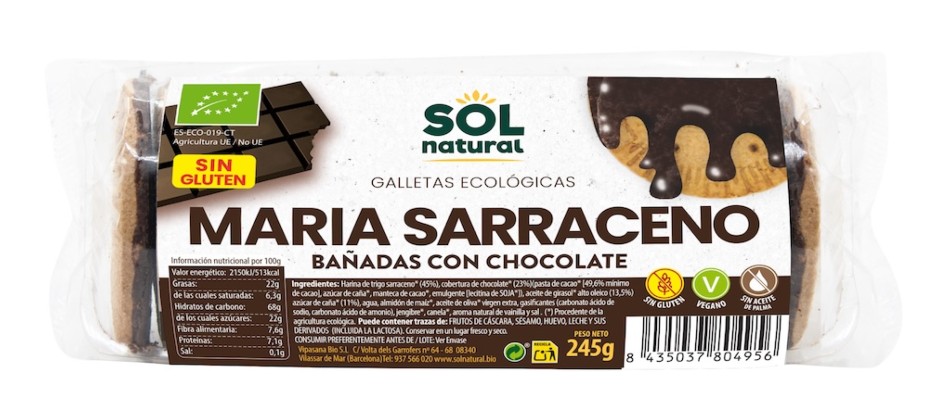 GALLETAS MARIAS TRIGO SARRACENO BAÑADAS DE CHOCOLATE 245 gr BIO SOLNATURAL