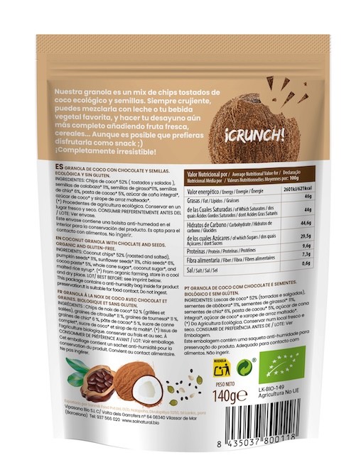 GRANOLA CRUNCHY DE COCO CON CHOCOLATE 140G BIO SOLNATURAL 1