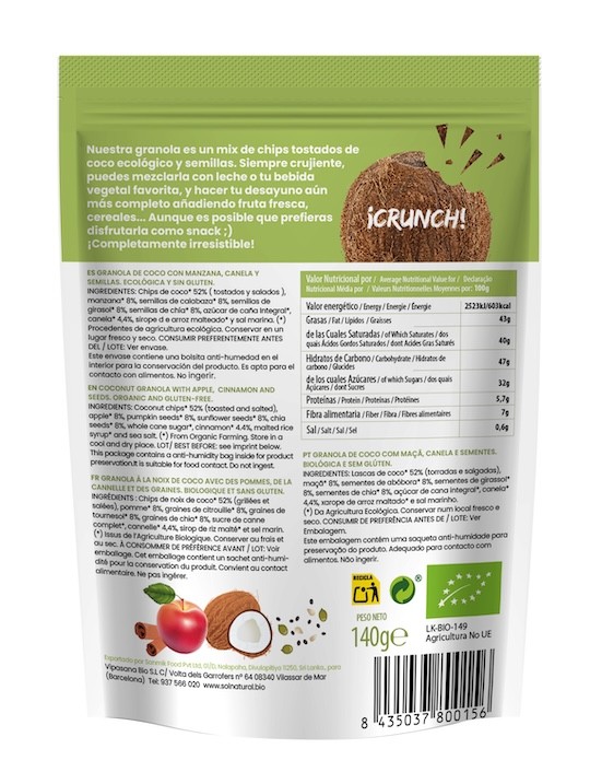 GRANOLA CRUNCHY DE COCO CON MANZANA Y CANELA 140G BIO SOLNATURAL 1