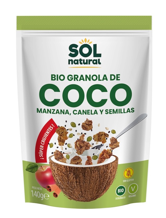 GRANOLA CRUNCHY DE COCO CON MANZANA Y CANELA 140G BIO SOLNATURAL