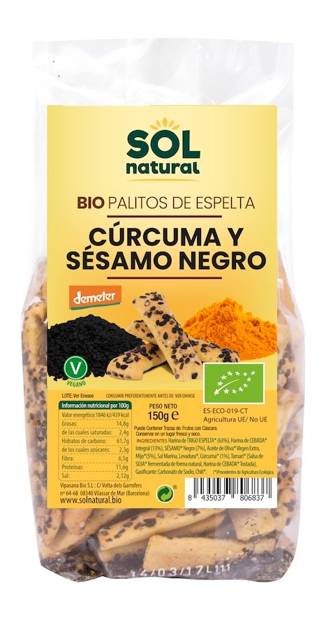 PALITOS DE ESPELTA CON CURCUMA Y SESAMO NEGRO BIO 115 GR SOLNATURAL
