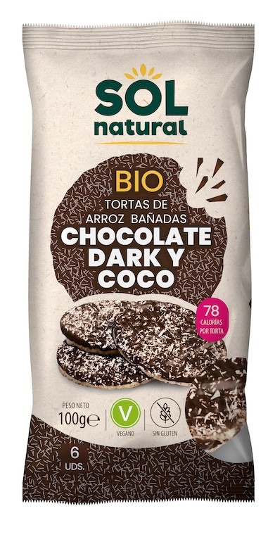 TORTAS DE ARROZ BAÑADAS CHOCOLATE DARK Y COCO BIO 100 GR SOLNATURAL