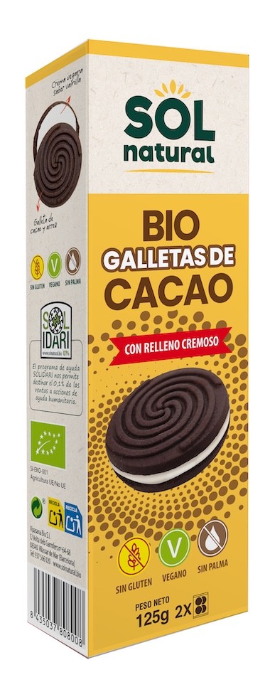 GALLETAS DE CACAO CON RELLENO CREMOS BIO 190 GR SOLNATURAL