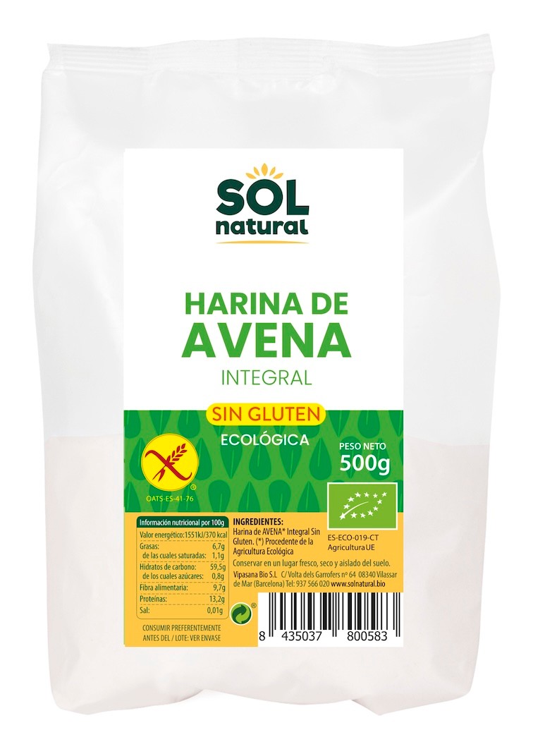 HARINA DE AVENA INTEGRAL SIN GLUTEN BIO 500 GR SOLNATURAL
