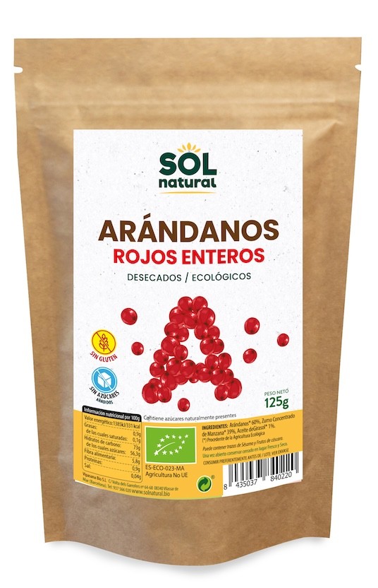 ARANDANOS ROJOS DE CANADA SIN AZUCAR BIO 150 GR SOLNATURAL