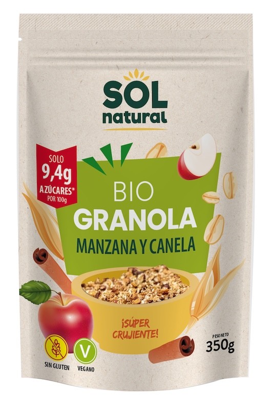 GRANOLA AVENA SIN GLUTEN MANZANA-CANELA BIO 350G SOLNATURAL