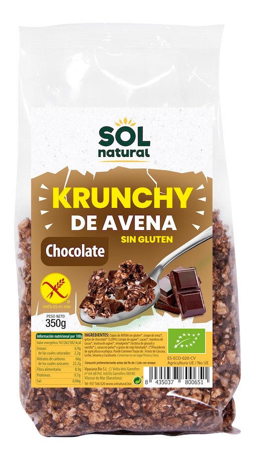 MUESLI KRUNCHY DE AVENA SIN GLUTEN CHOCOLATE BIO 350 GR SOLNATURAL