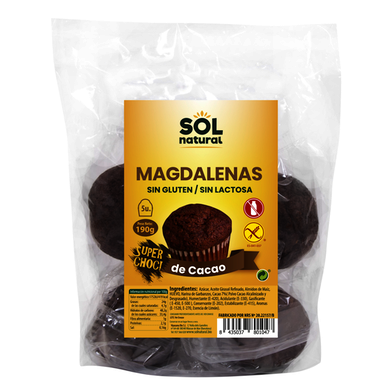 MAGDALENAS SUPER-CHOC SIN GLUTEN Y SIN LACTOSA 5/U 190 GR SOLNATURAL