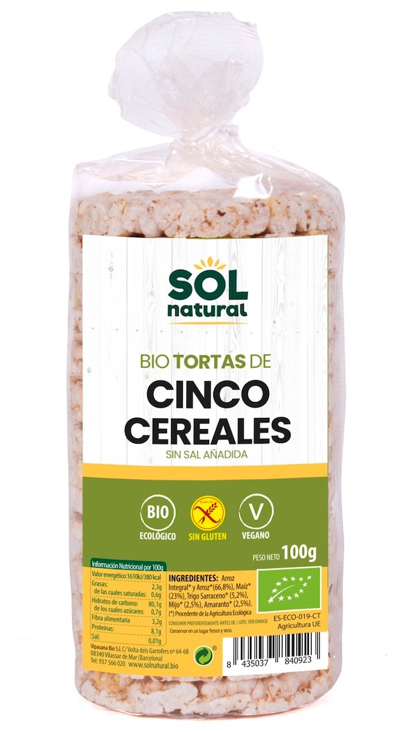 TORTAS DE 5 CEREALES BIO SIN GLUTEN 100 GR SOLNATURAL