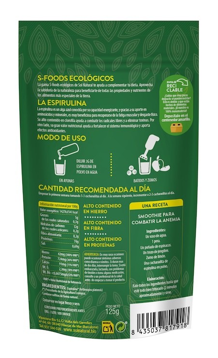 ESPIRULINA EN POLVO BIO 125 GR SOLNATURAL 1