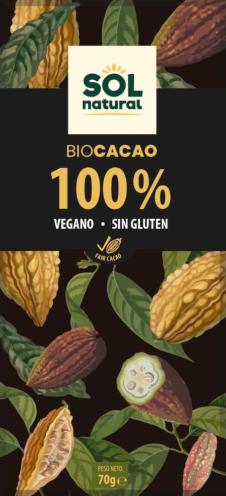 TABLETA DE CHOCOLATE VEGANO BIO 100% CACAO 70 G SOLNATURAL