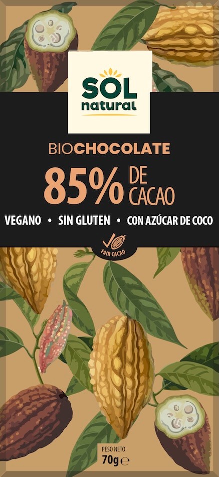 TABLETA DE CHOCOLATE BIO VEGANO CACAO 85% 70 G SOLNATURAL