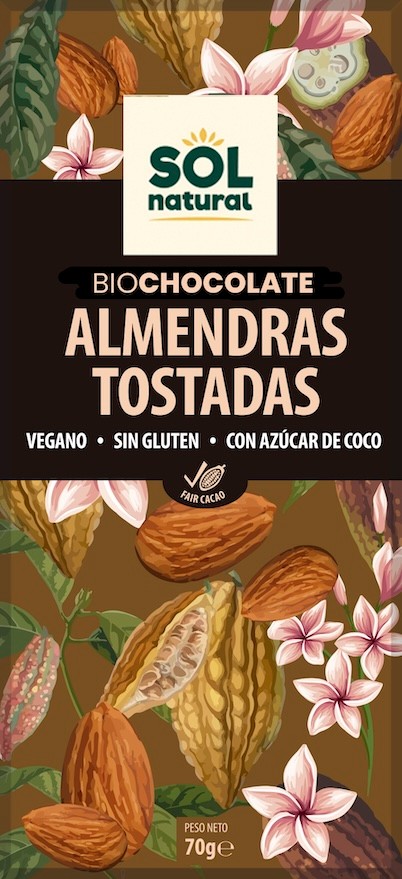 TABLETA DE CHOCOLATE VEGANO BIO ALMENDRAS TOSTADAS SIN GLUTEN 70 G SOLNATURAL