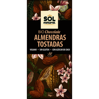TABLETA DE CHOCOLATE VEGANO BIO ALMENDRAS TOSTADAS SIN GLUTEN 70 G SOLNATURAL