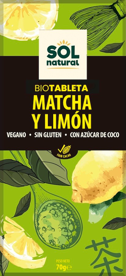 TABLETA DE CHOCOLATE VEGANO MATCHA Y LIMÓN BIO 70 G SOLNATURAL