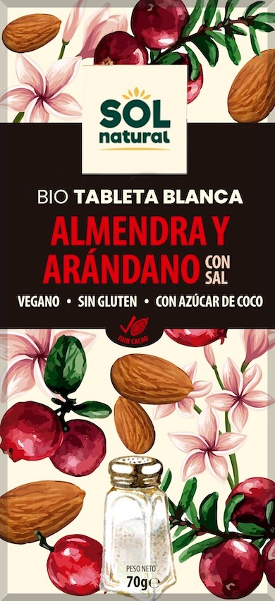 TABLETA DE CHOCOLATE VEGANO BIO ALMENDRAS ARÁNDANOS Y SAL 70 G SOLNATURAL