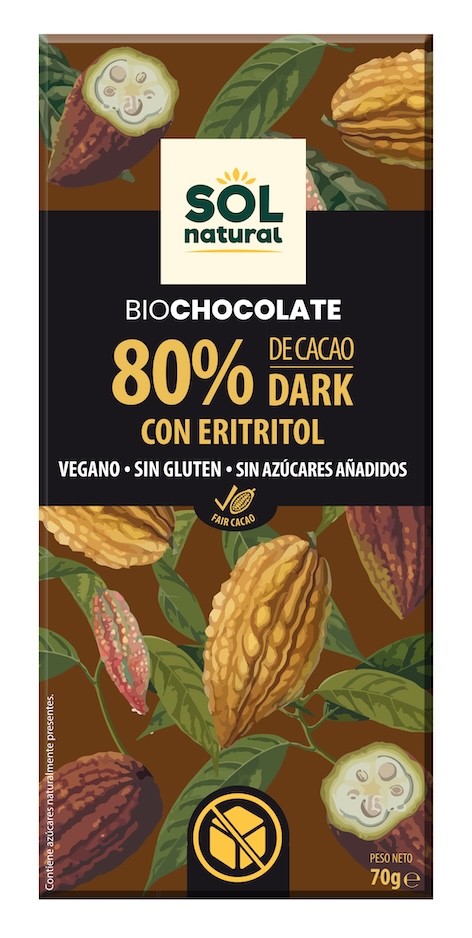 TABLETA CHOCOLATE 80% CON ERITRITOL BIO 70 GR SOLNATURAL