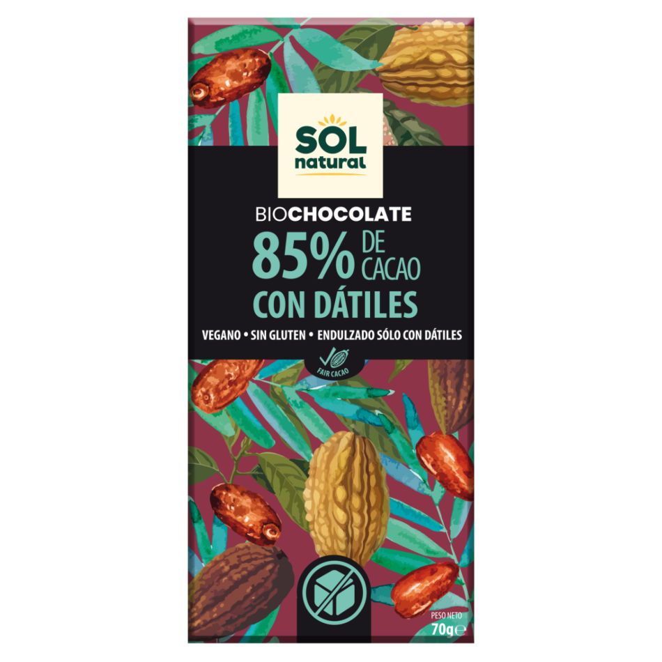 TABLETA DE CHOCOLATE DARK 85% CON DATILES 70 GR SOLNATURAL