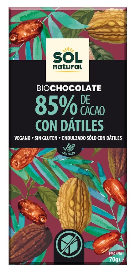 TABLETA DE CHOCOLATE DARK 85% CON DATILES 70 GR SOLNATURAL