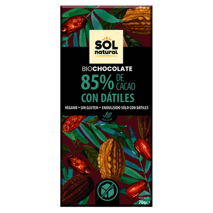 TABLETA CHOCOLATE DARK 85% CON DÁTILES BIO 70 GR SOLNATURAL