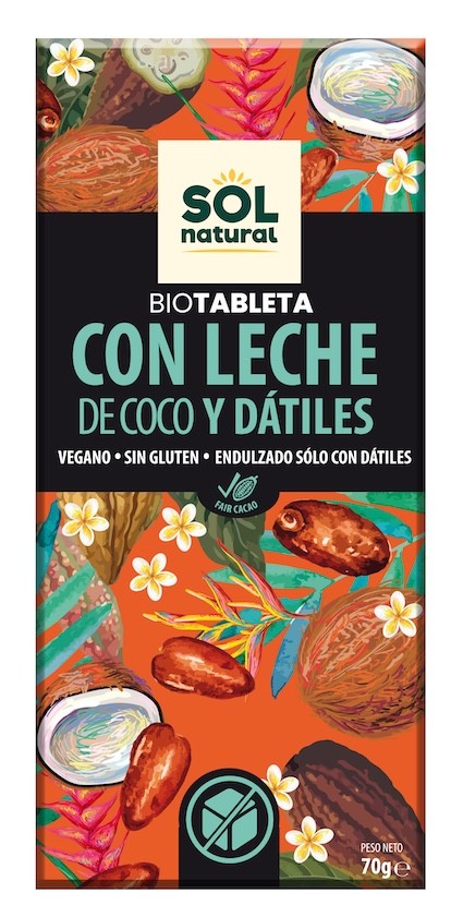 TABLETA CHOCOLATE LECHE COCO CON DÁTILES BIO 70 GR SOLNATURAL