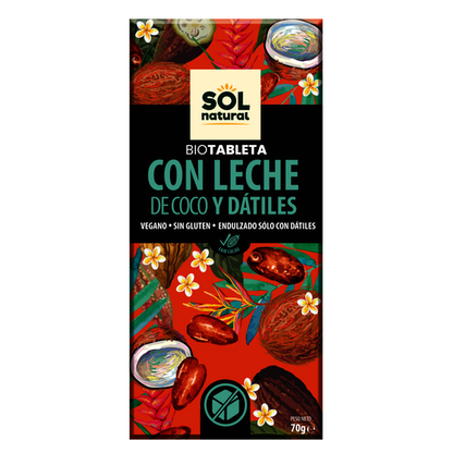 TABLETA CHOCOLATE LECHE COCO CON DÁTILES BIO 70 GR SOLNATURAL