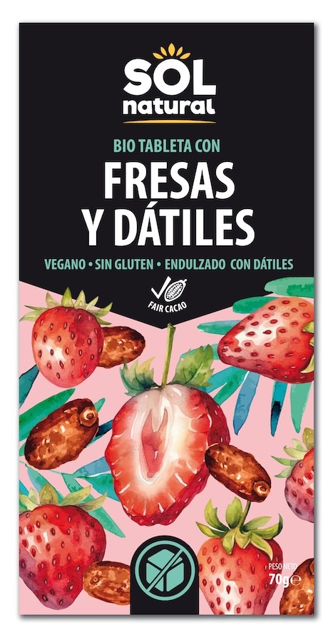 TABLETA DE CHOCOLATE CON FRESAS ENDULZADAS CON DATILES 70 GR BIO SOLNATURAL