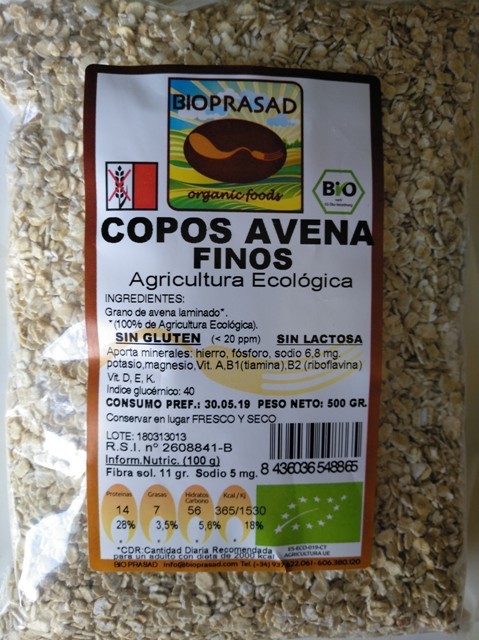 Copos Finos de Avena Integral Sin Gluten Bio, 500 g