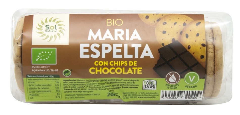 GALLETA MARIAS DE ESPELTA CHIPS CHOCOLATE BIO 200 GR SOLNATURAL