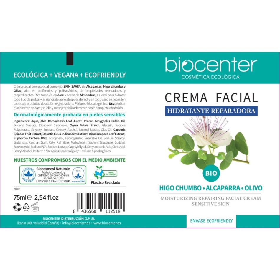 BIOCENTER Crema Facial natural Hidratante y Reparadora - BIO y vegana 75 ML 1