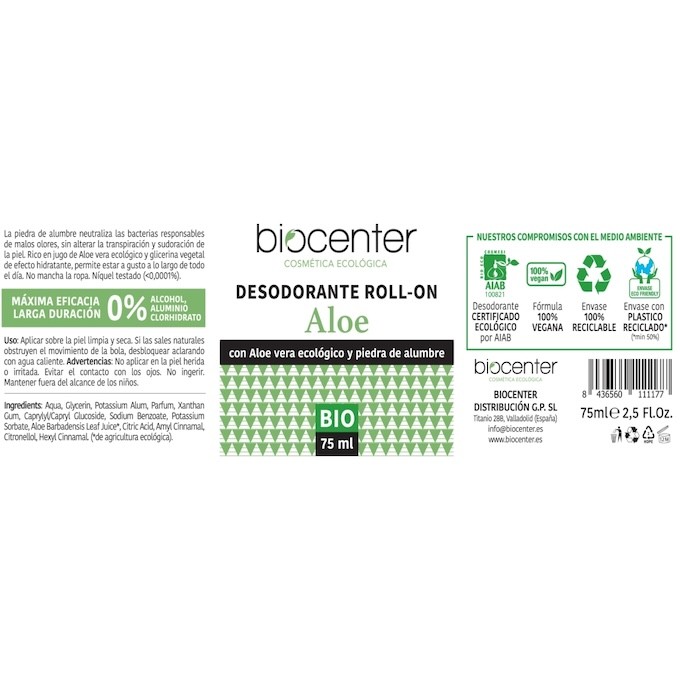 BIOCENTER DESODORANTE NATURAL ROLL ON - ALOE ECO Y VEGANO 75 ML 1