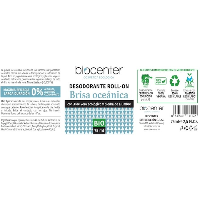 BIOCENTER DESODORANTE NATURAL ROLL ON - BRISA OCEANICA- ECO Y VEGANO 75 ML 1
