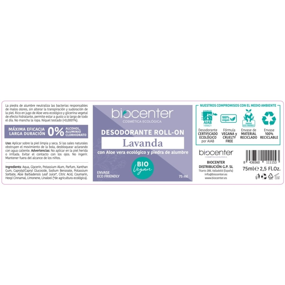 BIOCENTER DESODORANTE NATURAL ROLL ON - LAVANDA ECO Y VEGANO 75 ML 1