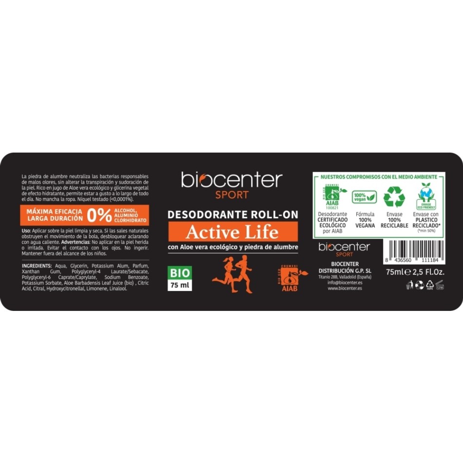 BIOCENTER DESODORANTE NATURAL ROLL ON - SPORT ACTIVE LIFE ECO Y VEGANO 75 ML 1