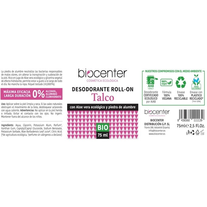BIOCENTER DESODORANTE NATURAL ROLL ON - TALCO ECO Y VEGANO 75 ML 1