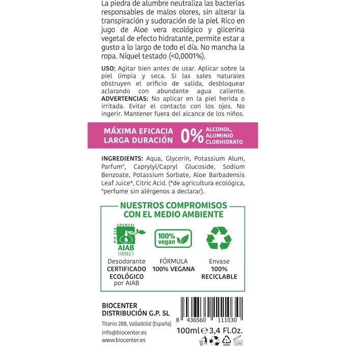 BIOCENTER DESODORANTE NATURAL SPRAY - TALCO- ECO Y VEGANO 100 ML 1