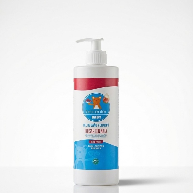 BIOCENTER BABY GEL DE BAÑO Y CHAMPÚ NATURAL PARA NIÑOS - 500 ML FRESAS CON NATA - ECOLÓGICO Y VEGANO